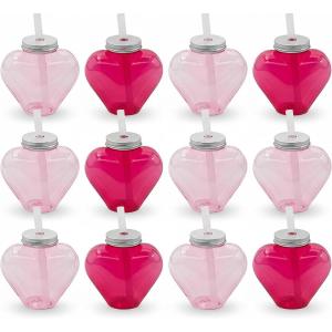 Fun Express 4 1/2″ 17 oz. Valentine’s Day Heart-Shaped Plastic Cups with Straw – 12 Pieces