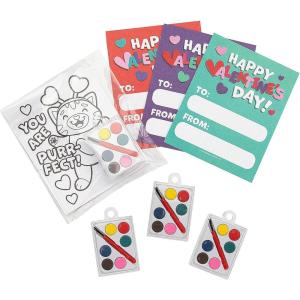 Mini Watercolor Paints Valentine Exchanges with Coloring Card for 24