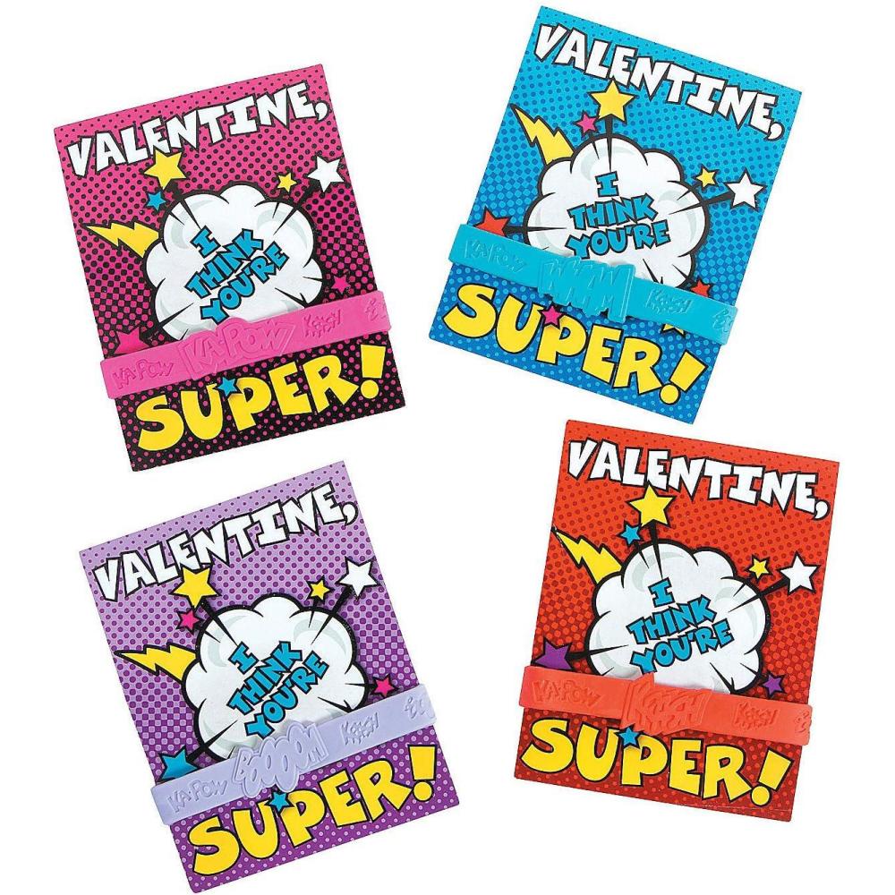 image:imageFun Express Valentine Super Hero Card with Bracelet for Valentines Day Jewelry Rubber Bracelets 24 Pieces