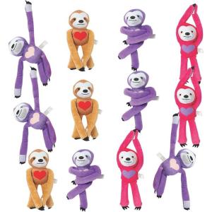 Fun Express Plush Long Arm Sloth Stuffed Animals with Hearts – Set of 12 – Valentine’s Day Toys for Kids and Party Favors