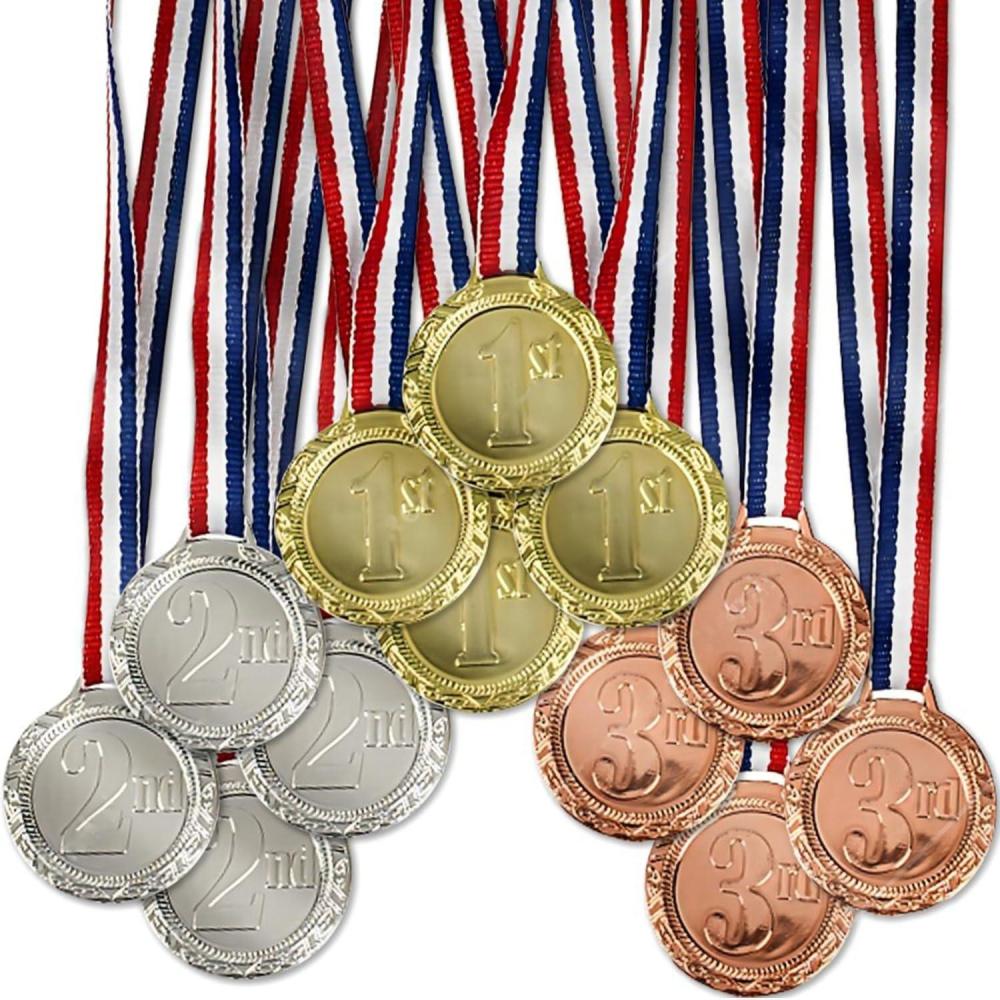 image:imageFun Express 1st 2nd amp 3rd Place Plastic Award Medals with Striped Ribbon Winner Awards with Neck Ribbon Valentines Day Party Favors 12 Pieces
