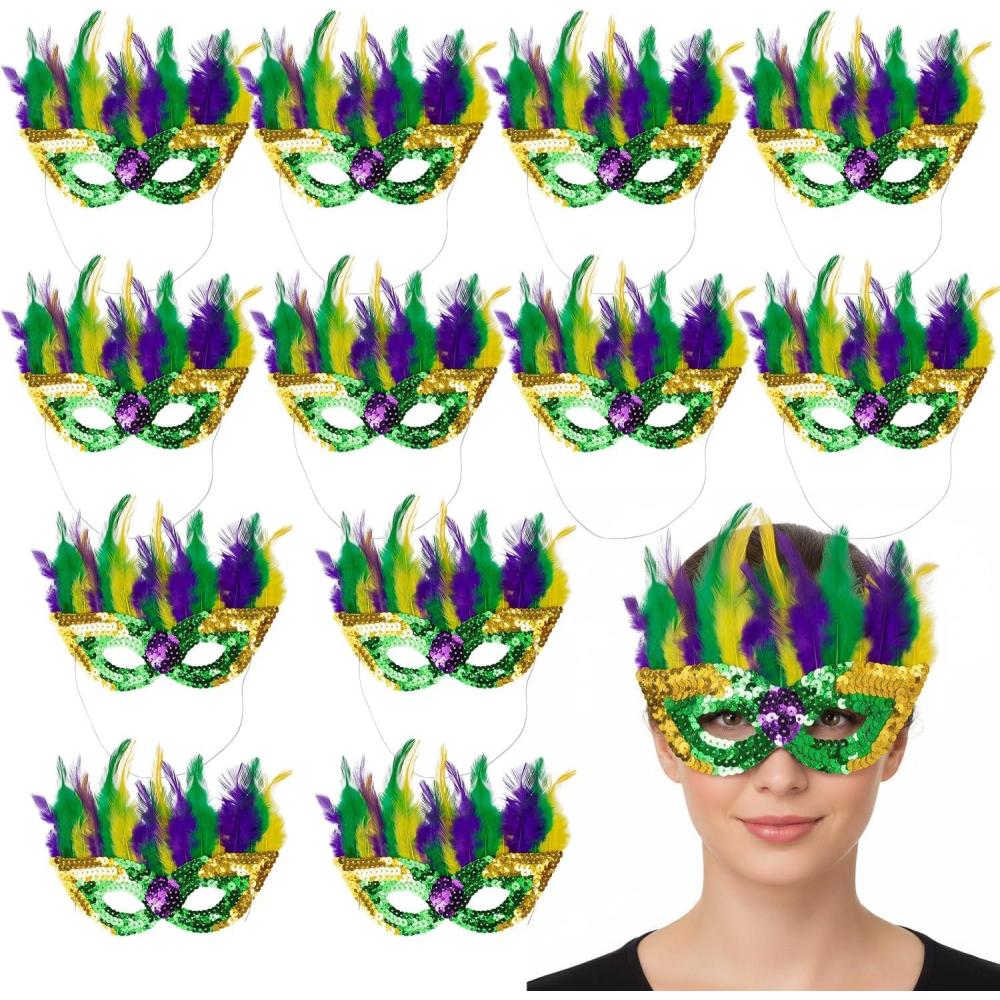 image:imageFun Express 6 34 x 9 Green Gold amp Purple Sequin Mardi Gras Masks with Bright Feathers  12 Pieces