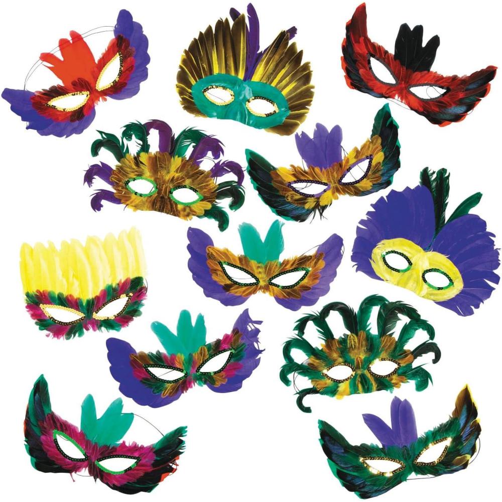 image:imageFun Express Mardi Gras Feather Mask Assortment for Costume Accessories 12 Pieces