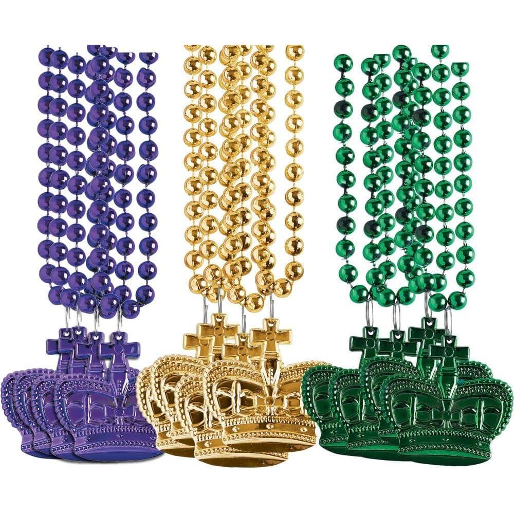 image:imageFun Express Metallic Crown Mardi Gras Beads  Bulk Set of 24  Traditional Mardi Gras Colors  Handouts and Party Supplies