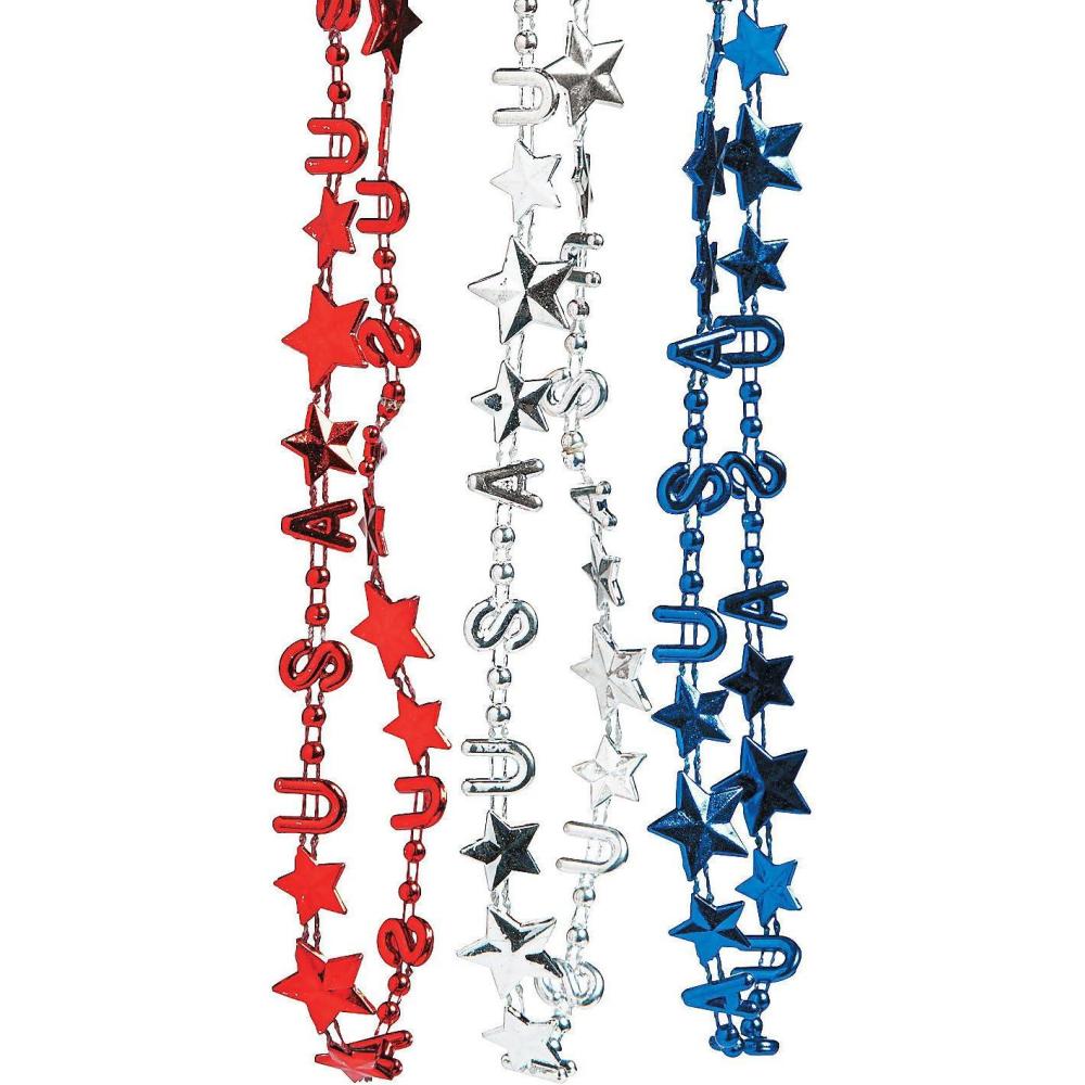 image:imageFun Express Metallic Patriotic USA Mardi Gras Bead Necklaces  Fourth of July Celebration Jewelry  Red White and Blue Beads  48Piece