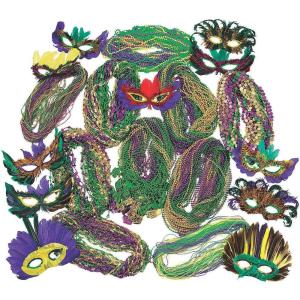 Fun Express – Mega Masquerade Mask and Bead Asst. for Mardi Gras – Jewelry – Mardi Gras Beads – Mot Round – 600 Pieces