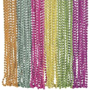 Fun Express – Metallic Neon Beaded Necklaces – Jewelry – Mardi Gras Beads – Mot Round – 48 Pieces