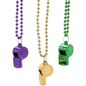Fun Express 30″ Metallic Mardi Gras Plastic Whistle & Bead Necklaces – 24 Pieces
