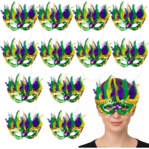 Fun Express 6 3/4″ x 9″ Green, Gold & Purple Sequin Mardi Gras Masks with Bright Feathers – 12 Pieces