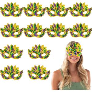 Fun Express 8″ x 5 1/4″ Gold, Green & Purple Mardi Gras Masks with Sequin Feathers – 12 Pieces