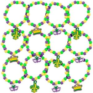 Fun Express Mardi Gras Beaded Charm Bracelet Craft Kit – Makes 12