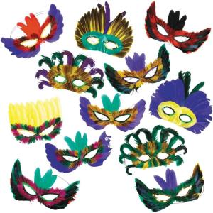 Fun Express Mardi Gras Feather Mask Assortment for Costume Accessories – 12 Pieces