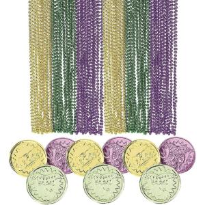 Fun Express Mardi Gras Multicolor Plastic Beads & Coins Kit – 192 Pieces