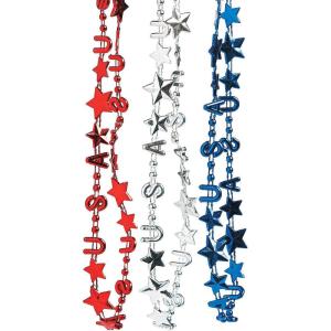 Fun Express Metallic Patriotic USA Mardi Gras Bead Necklaces – Fourth of July Celebration Jewelry – Red, White, and Blue Beads – 48-Piece