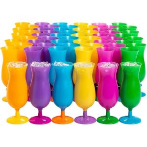 Fun Express Plastic Cocktail Glasses Bulk 60 Pack – Neon Hurricane Glasses for Margarita, Pina Colada & Daiquiri Drinks | Reusable Acrylic Party Cups for Luau, Mardi Gras & Tropical Beach Events