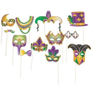Mardi Gras Photo Booth Props – 12 Pack Party Stick Props with Masks, Crowns & Fun Accessories for Mardi Gras Parties, Carnivals, Parades, Celebrations, Photobooths & Festive Event Decorations