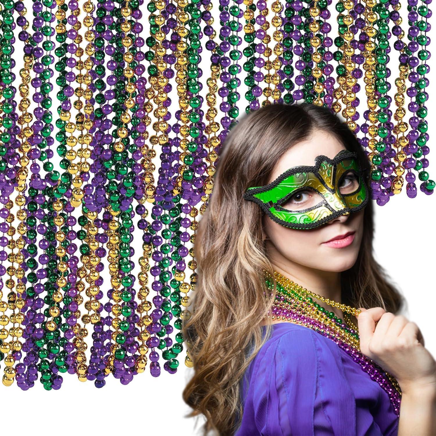 image:imageFun Express Tri Color Metallic Mardi Gras Beads in Green Purple and Gold Set of 48 30 inch Necklace on a Breakaway Cord Great for Parades Birthdays and Other Events