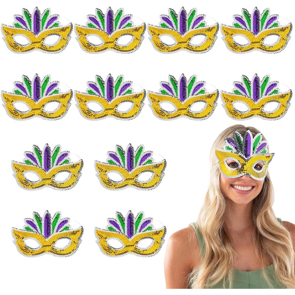image:imageFun Express 8 x 5 14 Gold amp Silver Sequin Mardi Gras Masks with Feathers 12 Pieces