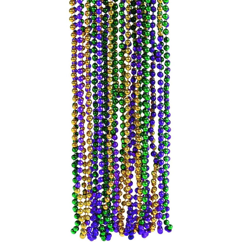 image:imageFun Express Tri Color Metallic Mardi Gras Beads in Green Purple and Gold Set of 48 30 inch Necklace on a Breakaway Cord Great for Parades Birthdays and Other Events