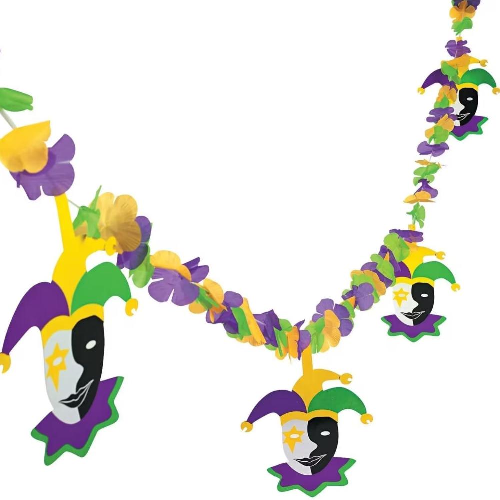 image:imageMulticolor Mardi Gras Polyester Flower Lei Garland with Festive Jester Cutouts 12 ft Perfect Party Decor 1 Pc