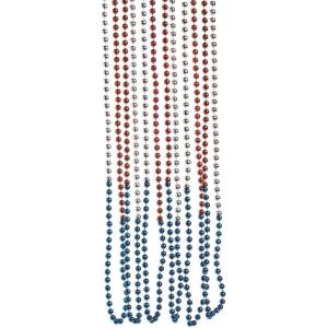 Fun Express – TrI-Color Patriotic Beaded Necklaces for Fourth of July – Jewelry – Mardi Gras Beads – Mot Round – Fourth of July – 48 Pieces