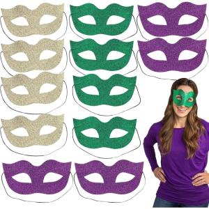 Fun Express 7 1/2″ x 3 3/4″ Green, Gold & Purple Glitter Felt Mardi Gras Masks – 12 Pc.