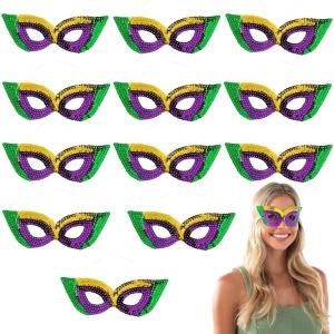 Fun Express 7 1/4″ x 2 3/4″ Green, Gold & Purple Sequin Mardi Gras Masks – 12 Pieces
