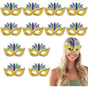 Fun Express 8″ x 5 1/4″ Gold & Silver Sequin Mardi Gras Masks with Feathers – 12 Pieces