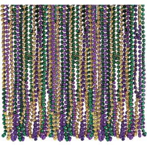 Fun Express Bulk 576 Pieces Metallic Tri-Color Mardi Gras Bead Necklaces