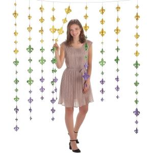 Fun Express Mardi Gras Hanging Fleur de Lis Curtain Backdrop – Vibrant Metallic Gold & Purple Design – Mardi Gras Parties Parades Events – Elegant Party Decor Doorways Windows – 36″ x 72″ – 1 Piece