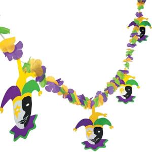 Multicolor Mardi Gras Polyester Flower Lei Garland with Festive Jester Cutouts (12 ft.) – Perfect Party Decor – 1 Pc