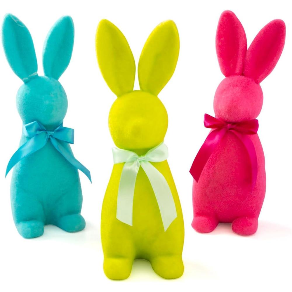 image:imageFun Express Easter Bunny Decorations Set of 3  Large 115 Inch Flocked Foam Figurines in Pink Blue Yellow  Spring Tabletop Centerpiece for Home Mantel Holiday Decor  Colorful Easter Rabbit Set