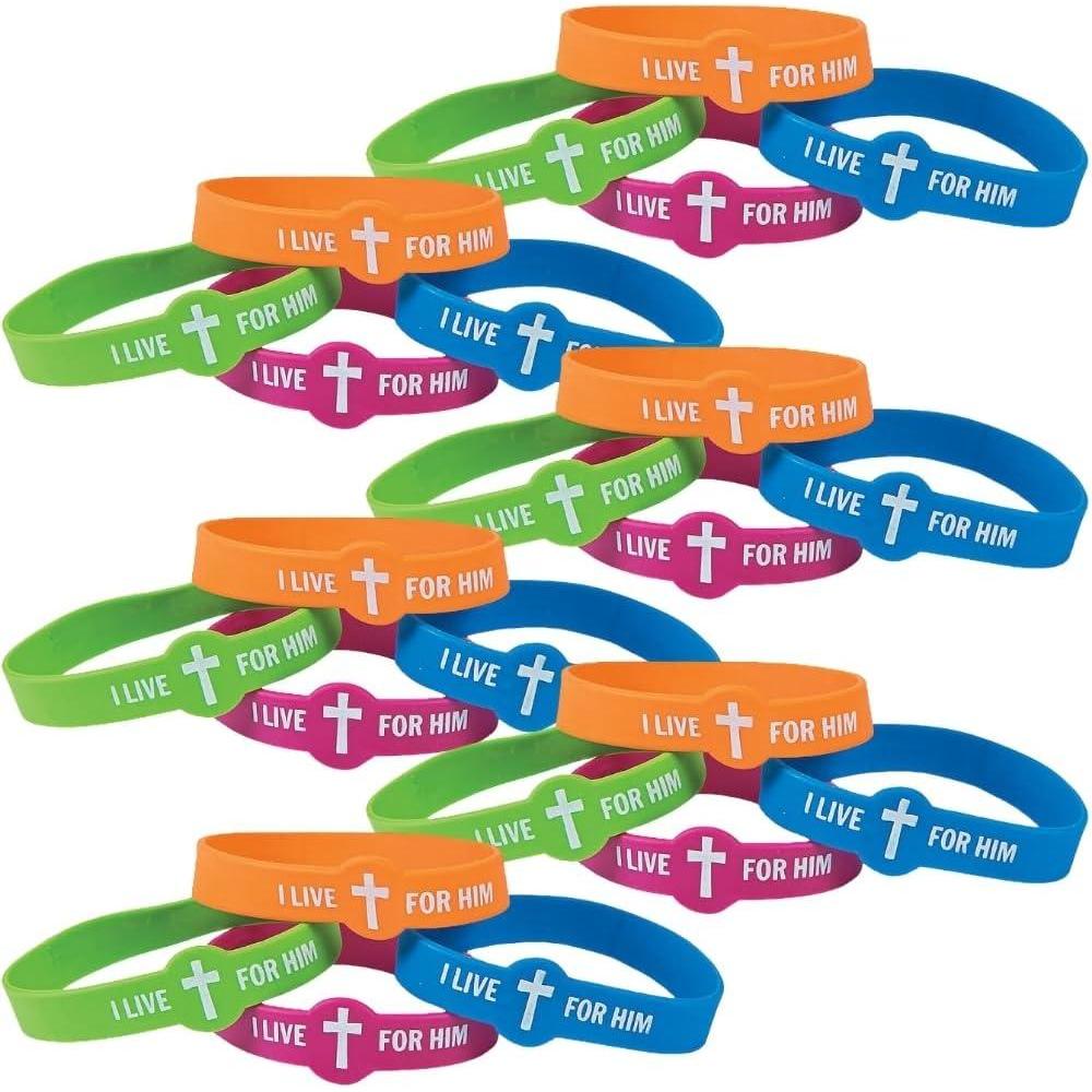 image:imageFun Express I Live For Him Rubber Bracelets  Set of 24  Easter VBS Sunday School and Religious Jewelry Party Favors