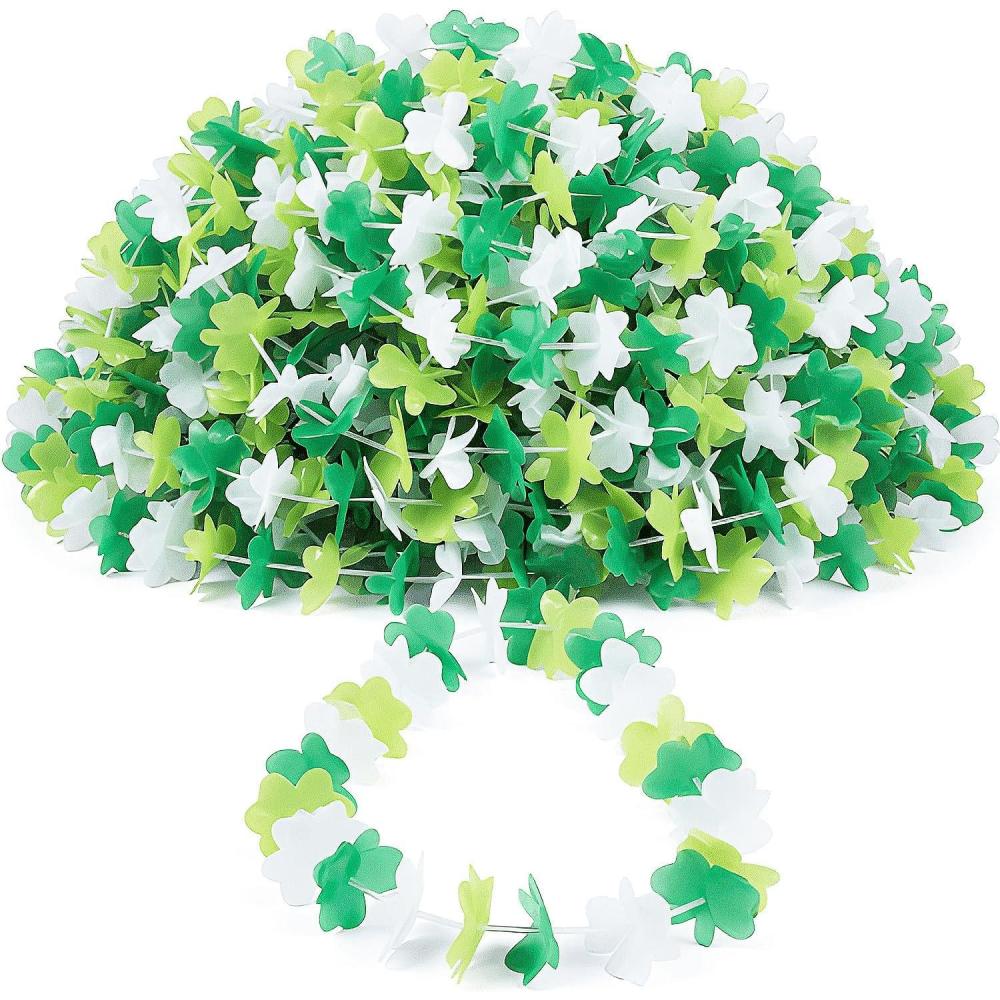 image:imageFun Express St Patricks Day Green amp White Shamrock Plastic Leis 3 Ft Irish Party Favor Necklaces for Parades Classroom Events amp Giveaways 50 Count