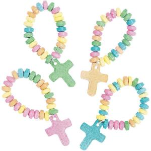 Fun Express Candy Cross Bracelets Individually Wrapped 12 Pack – Religious Scripture Candy Jewelry for Kids Church VBS Sunday School Easter Party Favors | Stretchable Fruit-Flavored Goodie Bag