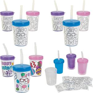 Fun Express DIY Easter Party Cups with Lids & Straws, Set of 12 Each Holds 6 oz, BPA Free Plastic, Crafts for Kids and Party Favors, Multi-Color