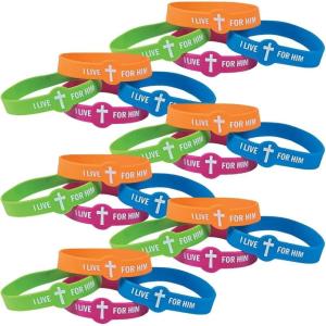 Fun Express I Live For Him Rubber Bracelets – Set of 24 – Easter, VBS, Sunday School and Religious Jewelry Party Favors