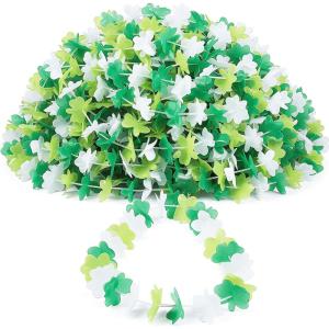 Fun Express St. Patrick’s Day Green & White Shamrock Plastic Leis 3 Ft – Irish Party Favor Necklaces for Parades, Classroom Events & Giveaways, 50 Count