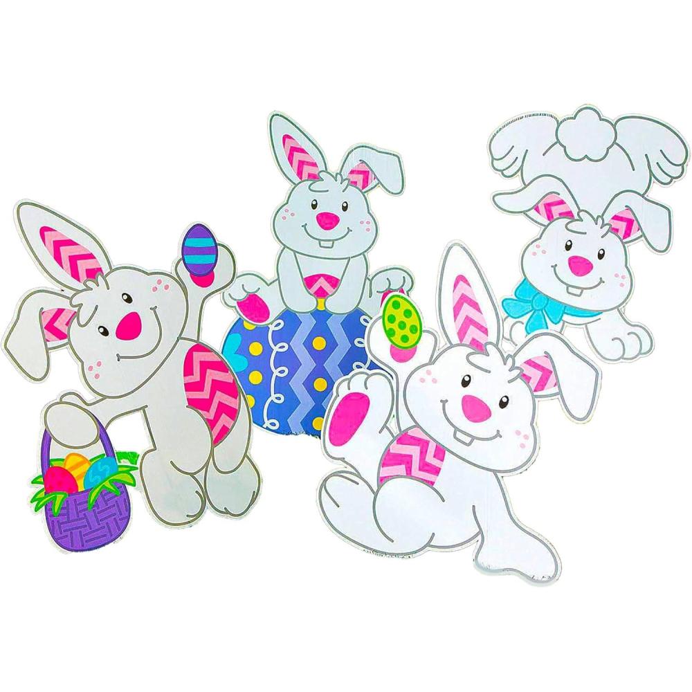 image:imageFun Express 4 Pieces 20x28 Large Tumbling Easter Bunny Yard Signs Decorations with Stakes White Weather Resistant Corrugated Plastic