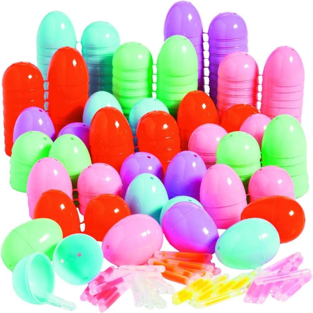 image:imageFun Express Glow in the Dark Easter Eggs with Mini Glow Sticks 100 eggs 100 Glow Sticks Fillable Plastic Eggs Multicolor Assortment Easter Egg Hunt Kit GID Easter Egg Hunt Supplies
