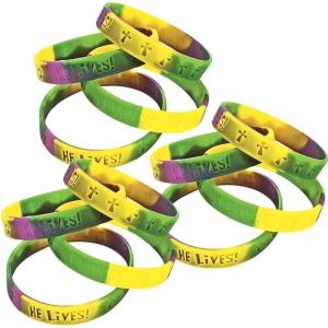 Fun Express – Silicone He Lives! Bracelet (1dz) for Easter – Jewelry – Bracelets – Rubber Bracelets – Easter – 12 Pieces