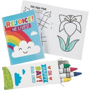 Fun Express He Lives Mini Activity Book Plus Caryons Sets For Easter – 12 Activity Books And 12 Crayon Boxes – Religious Easter Gifts And Sunday School Activities – Non-Toxic
