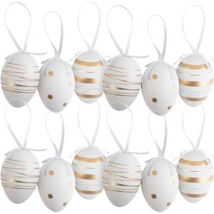 Gold & White Patterned Plastic Easter Ornaments – 12 Pieces