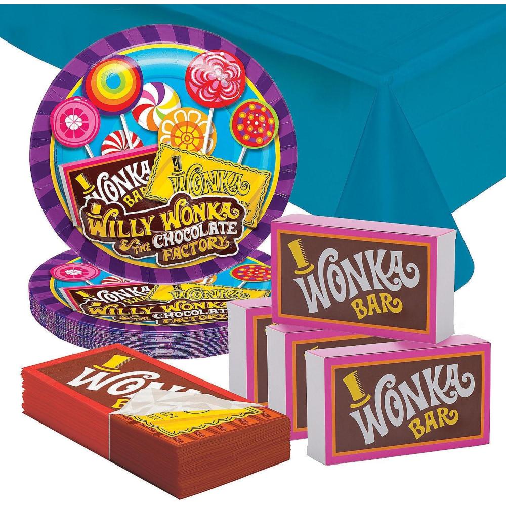 image:image81 Piece Candy Factory Party Disposable Tableware Kit For 24 Guests Includes Plates Napkins Treat Box and Tablecloth