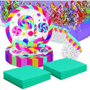 100 Piece Candy World Party Disposable Tableware Kit For 48 Guests, Napkins, Plates and Table Cover Included