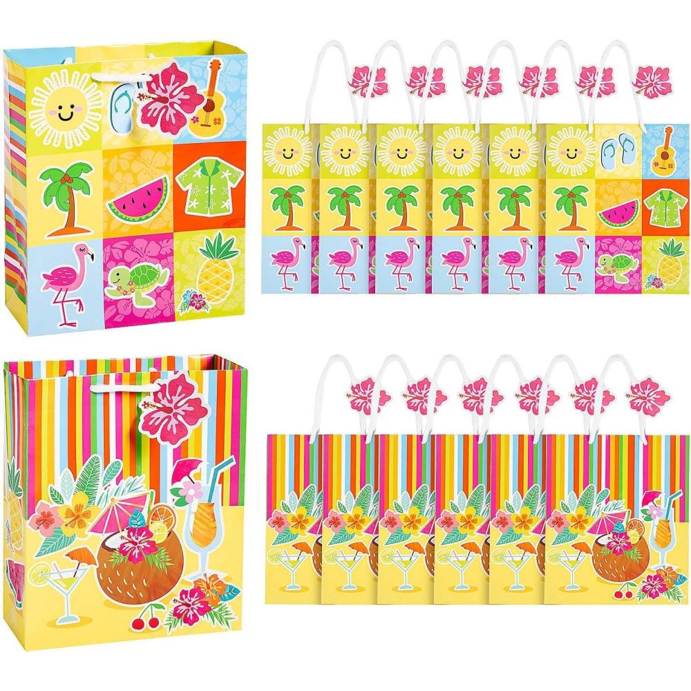 image:imageFun Express 7 12 x 9 Medium Bright Luau Paper Gift Bags with Tags 12 Pc