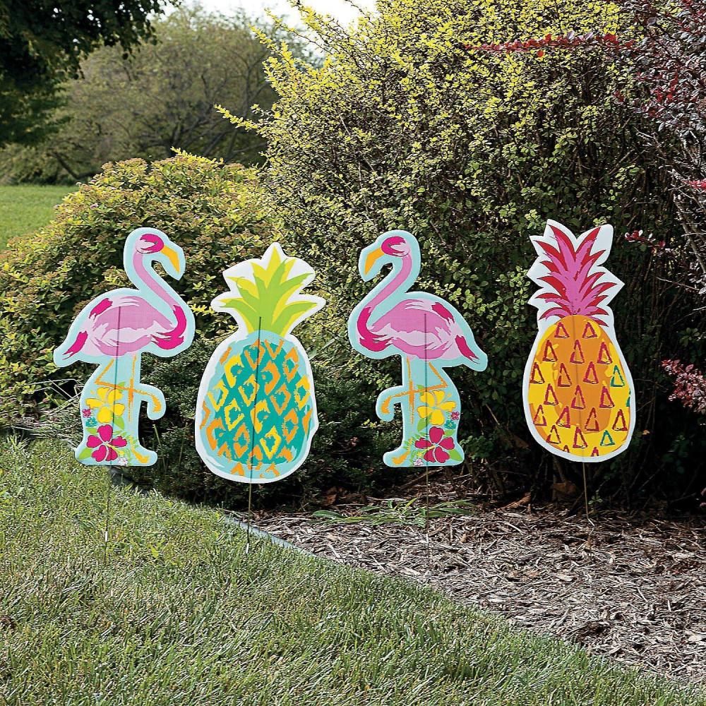 image:imageFun Express Pineapple and Flamingo Yard Signs with Stakes 4 Pieces Luau and Tropical Tiki Party Decor