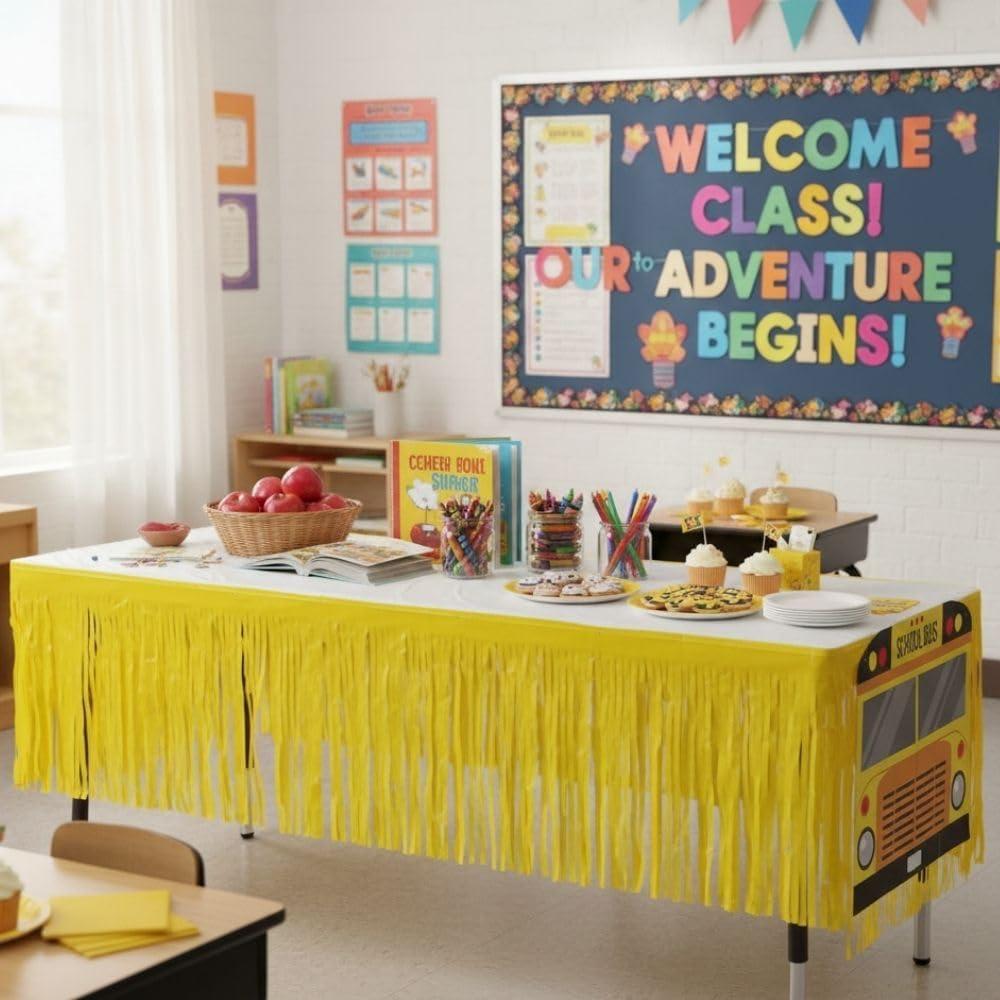 image:imageFun Express 9 ft x 29 School Bus Fringe Plastic Table Skirt with Cutouts