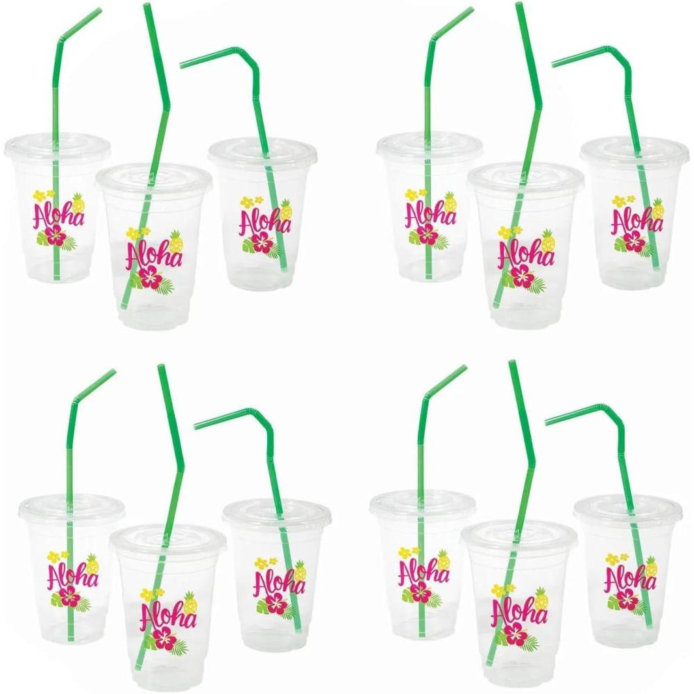 image:image16 oz Bulk 96 Ct Clear Luau Disposable Plastic Cups with Lids amp Straws