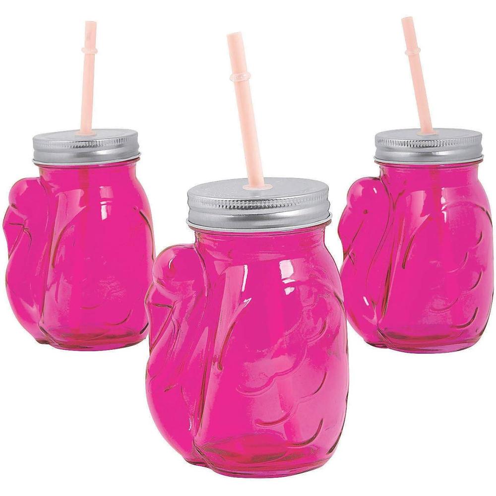 image:imageFun Express 6 Oz Flamingo Reusable Jar Glasses With Lids amp Straws 6 Cups Great For Luau Bridal And Other Summer Themed Parties